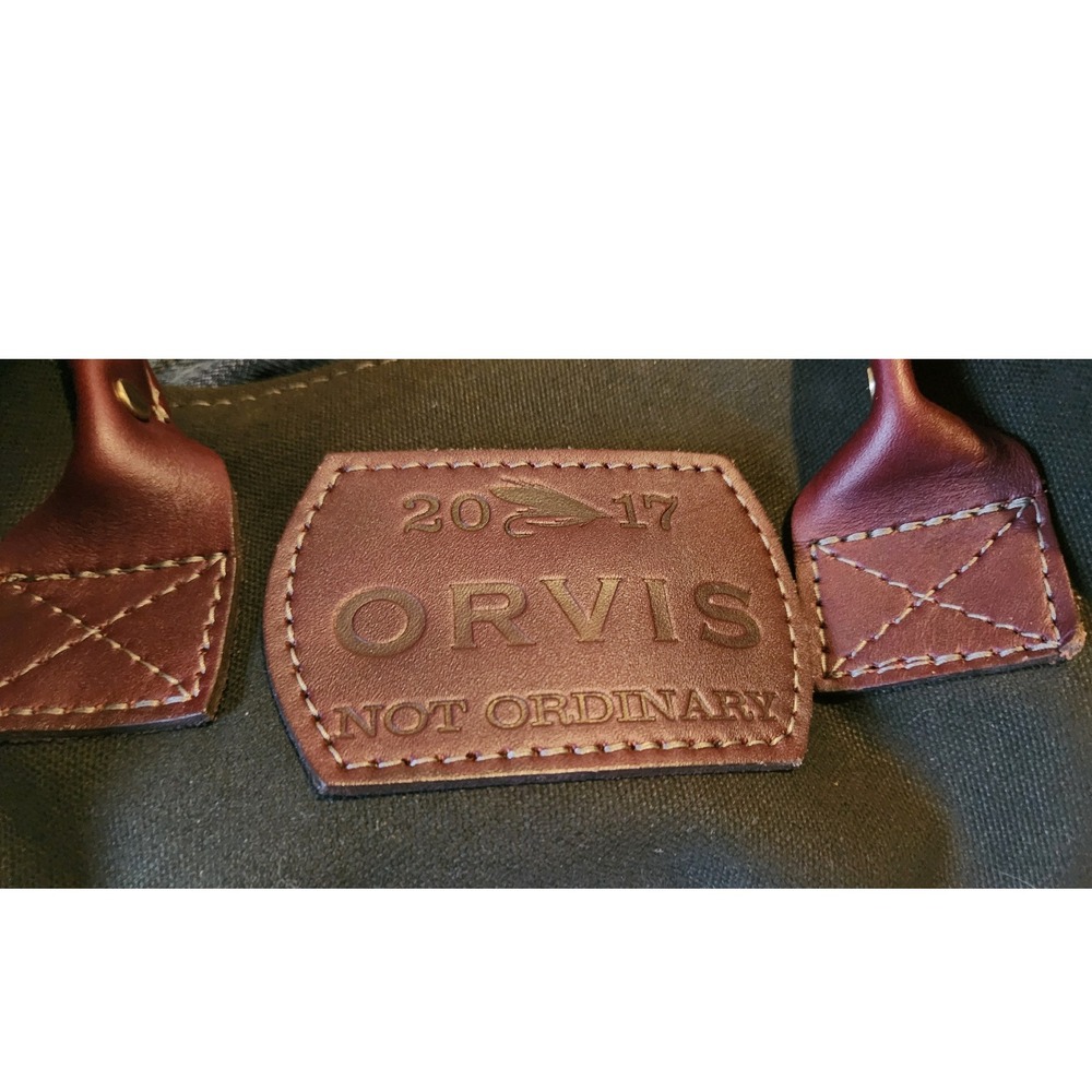 2017 Orvis Canvas Leather Trim Tote Bag‎ Olive Green Brown Top Handle - Picture 2 of 5